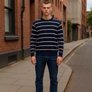 Howick Mens Blue And Cream Striped Crew Neck Sweater Size XLARGE 100% Cotton